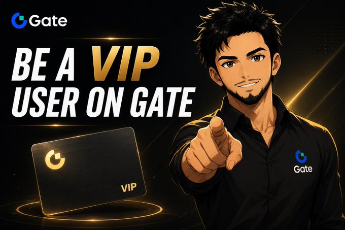 A promotional graphic for Gate exchange featuring an anime-style man pointing forward with the text 'BE A VIP USER ON GATE' alongside a VIP card.