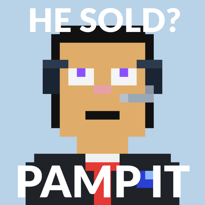 A pixel-art character portrait with purple eyes, black hair, headset, and a suit with red tie, overlaid with bold white text reading 'HE SOLD? PAMP IT'.