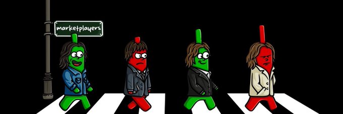 A humorous parody of the Beatles' Abbey Road album cover featuring four 'marketplayers' characters with green and red heads crossing a street under a 'marketplayers' sign.