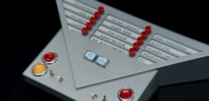 A close-up of a gray control panel with red push buttons, switches, and name tags including 'ESCAPE LAIDE', 'SHARK TANK', 'TRAP DOOR', 'RANDOM TASK', and 'MR. BIGGLESWORTH'.