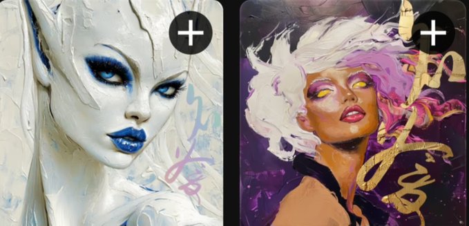 Two stylized AI-generated portraits are displayed side by side: the left features a pale, elven female figure with striking blue makeup and dripping textures, while the right shows a vibrant female character with pink and white hair set against a dark purple background with gold lettering.
