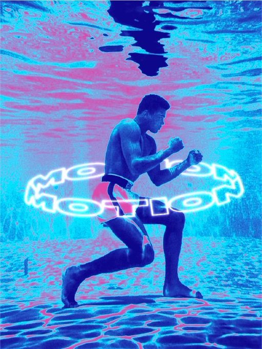 A retro-styled, neon-colored digital artwork of Muhammad Ali in a boxing stance underwater, featuring the text 'MUHAMMAD ALI' as a glowing watermark.