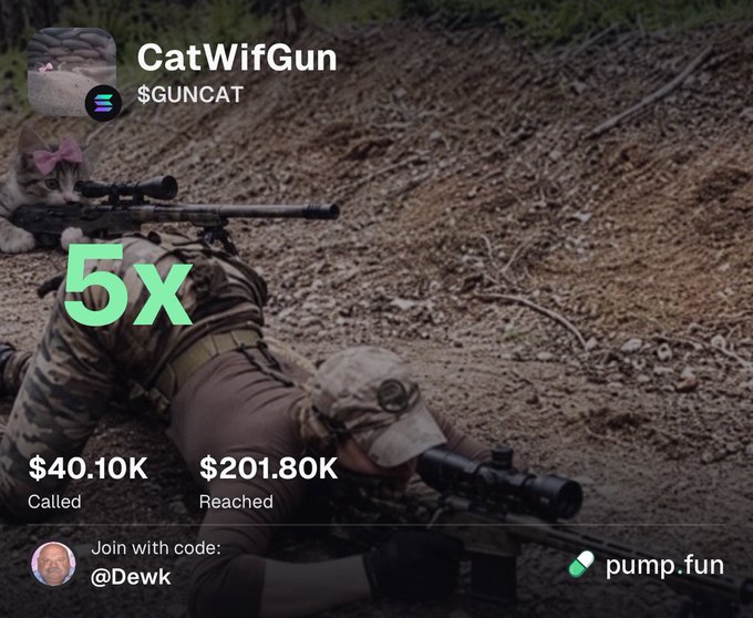 A promotional graphic for the cryptocurrency token CatWifGun ($GUNCAT) on pump.fun, featuring a sniper in camouflage and a kitten, showing 5X returns with $40.10K called and $201.80K reached, joinable with code @Dewk.