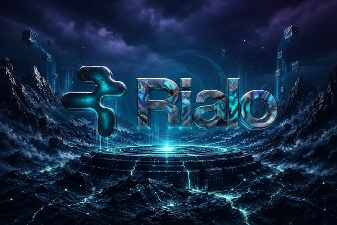 A dramatic digital landscape features the glowing "Rialo" logo floating above a futuristic, tech-inspired terrain under a dark, atmospheric sky, symbolizing the powerful yet costly infrastructure underlying onchain verification. The image's grand, mystical setting visually reinforces the post's message about the substantial network resources required to process zero knowledge proofs as activity scales.
