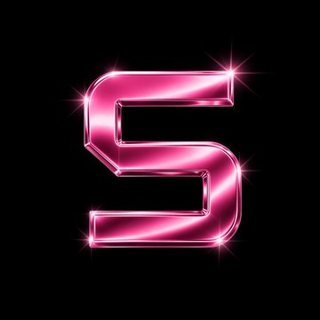 A stylized pink neon number '5' with sparkle effects against a black background.
