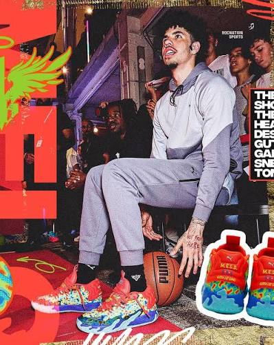 A magazine cover featuring basketball player LaMelo Ball sitting on a basketball court surrounded by people, with PUMA sneakers displayed (text: 'ROCKATER SPORTS' and 'THE SKY... GALAXY... TOP').