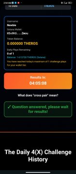 A therocrypto.io challenge screen for a user named 'Noobie' with a 0.0 THEROS balance, showing results in 04:05:08 and stating the question was answered.