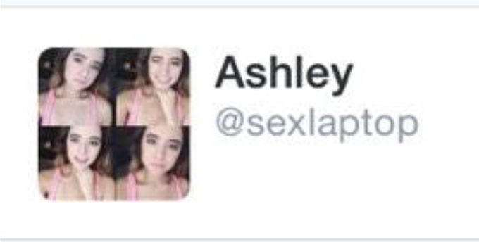 A social media profile displays the name 'Ashley' with the handle '@sexlaptop', featuring a profile picture collage of a young woman with dark hair wearing a pink top.
