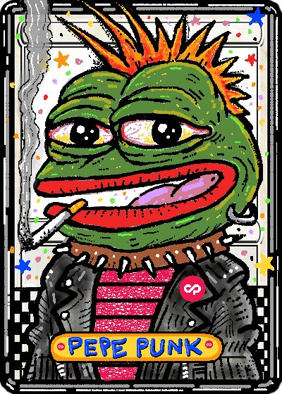 A colorful, stylized cartoon artwork titled 'PEPE PUNK' depicts a green Pepe character with a spiked mohawk, smoking a cigarette, and wearing a leather jacket with an infinity symbol pin.