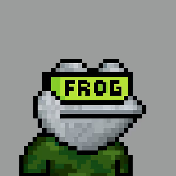 A pixel-art image of a frog wearing a grey helmet with a neon green visor displaying the word 'FROG'.
