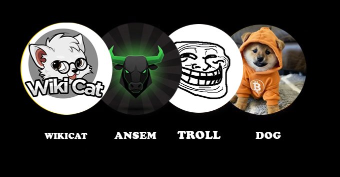 Four circular icons on a black background represent cryptocurrency-related figures: 'WIKICAT' (a cat mascot), 'ANSEM' (a green bull logo), 'TROLL' (a trollface meme), and 'DOG' (a Shiba Inu dog).