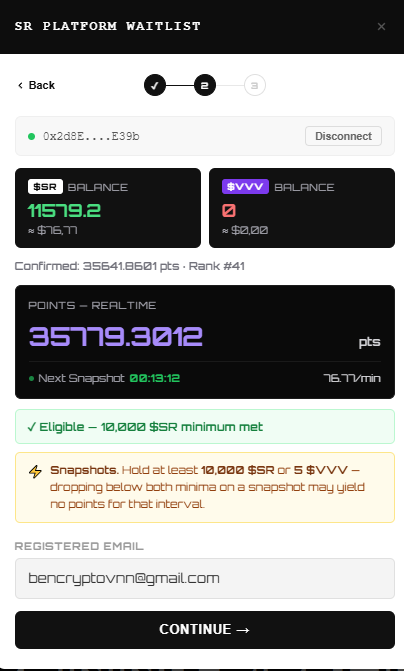 The image shows a smartphone screen displaying information about an Airdrop Epoch project called @StrikeRobot_ai. The screen has a list of options, including joining the waitlist or creating a new account. There are two options for joining the waitlist: "Back" and "Back to Back". Additionally, there is a section on how to earn points for the Airdrop Epoch project. The instructions suggest that users should hold at least 10,000 $SR or 5 $VVV to participate in the Airdrop.