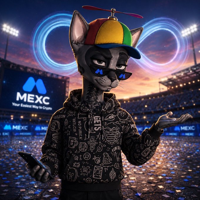 A stylish anthropomorphic cat wearing a propeller cap, sunglasses, and a graffiti-patterned hoodie holds a smartphone in a stadium setting with "MEXC Your Easiest Way to Crypto" displayed on the screen behind them. The image plays on the post's theme of post-game hindsight, contrasting the finality of a settled sports match with the still-unpredictable nature of MEXC's Contract Trading Competition where outcomes haven't been "lifted" yet.
