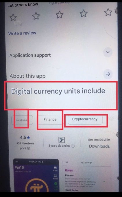 A screenshot of an app store page with red boxes highlighting the description 'Digital currency units include' along with the tags 'World first, world' (partially obscured), 'Finance,' and 'Cryptocurrency.'