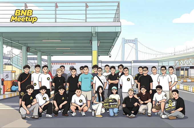 An illustrated cartoon-style group photo of attendees at a "BNB Meetup OK-BNB" event, posed at what appears to be a transit station with a bridge visible in the background.