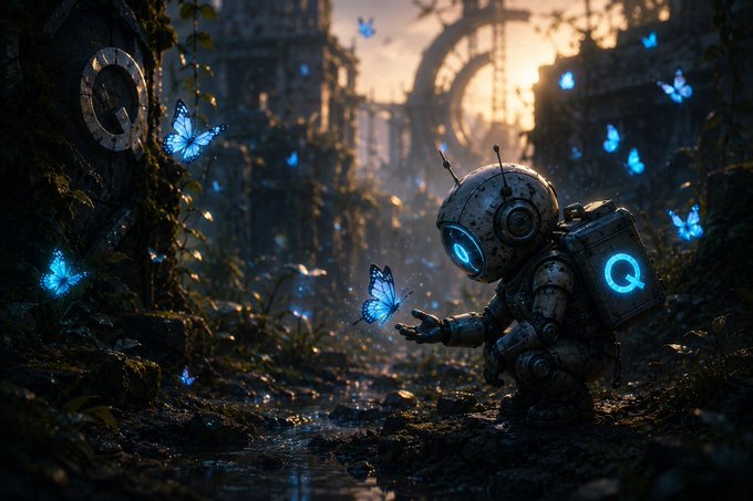 The image features a robot with a suit and helmet standing next to a body of water surrounded by blue butterflies flying around him, creating an atmosphere of surrealism or fantasy. The scene also includes a castle-like structure nearby, adding to the overall sense of mystery and wonder. The post seems to be discussing the artistic value of this image, as it is tagged with @QuipNetwork.