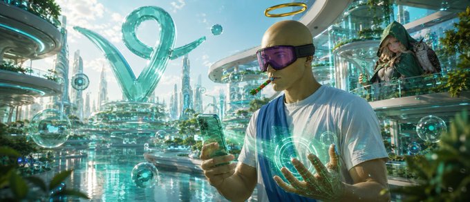 A man wearing purple VR goggles and a halo, smoking a cigar while looking at a glowing holographic display in a futuristic city, visually reinforces the post's message about $NOX virtual agents maintaining product traction and community attention through immersive technology rather than empty hype.