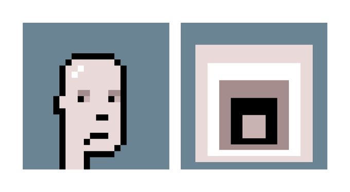 A pixel art image on a gray background shows a bald man's face on the left and a series of nested colored squares on the right.