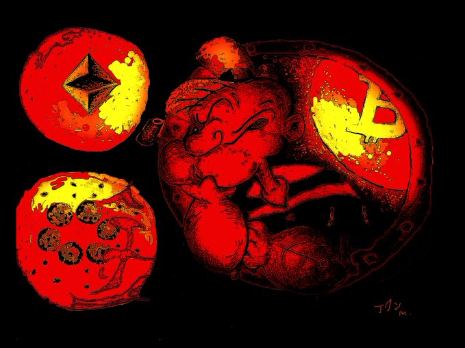 A stylized red and yellow illustration depicts a demon-like figure with horns wrapped in chains next to a Bitcoin logo, alongside separate circular icons featuring the Ethereum diamond and Cardano symbols, visually representing the "Night Torments" of cryptocurrency. The artwork is signed "TM" and ties to the artist's Instagram handle "milevbtc" promoting crypto art on Zora.