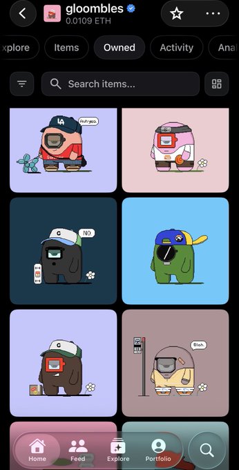 A mobile app interface for 'gloombles' (0.0109 ETH) showing a collection of cartoon Among Us-style characters in various outfits and colors.
