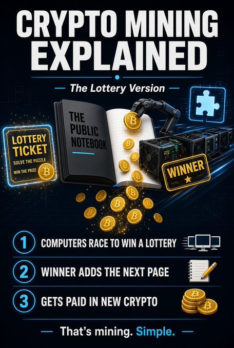 The image is an infographic titled "CRYPTO MINING EXPLAINED — The Lottery Version," which visually summarizes how crypto mining works using a lottery analogy, featuring an open book labeled "THE PUBLIC NOTEBOOK" with Bitcoin coins emerging from it, alongside a "LOTTERY TICKET" graphic, mining rigs, and a "WINNER" badge. It breaks the process into three numbered steps: (1) Computers race to win a lottery, (2) Winner adds the next page, and (3) Gets paid in new crypto, concluding with "That's mining. Simple." This complements the accompanying post's introduction to cryptocurrency as digital money that uses a shared public notebook (blockchain) by illustrating the mining process that records transactions and mints new coins.