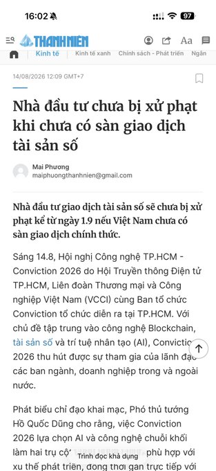 A screenshot of a Thanh Niên news article titled "Nhà đầu tư chưa bị xử phạt khi chưa có sàn giao dịch tài sản số," reporting that investors will not face penalties until September 1 when Vietnam establishes an official digital asset trading platform, discussed at the Conviction 2026 conference in TP.HCM on August 14.