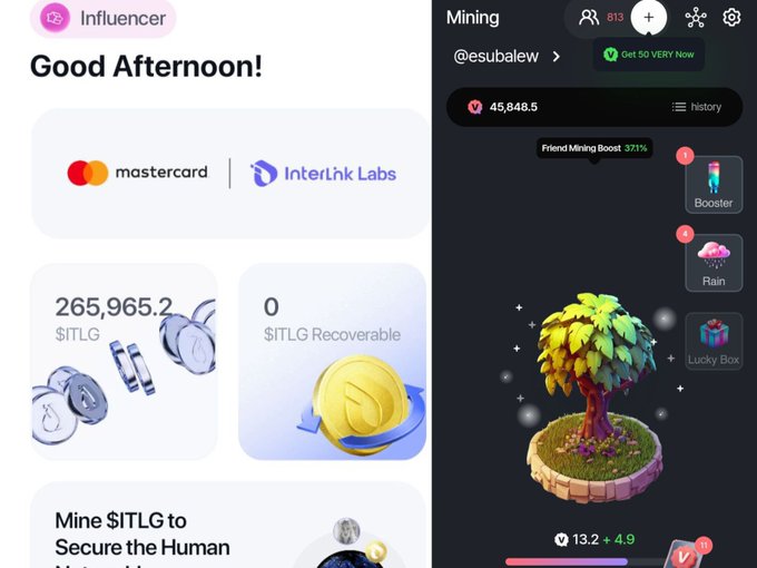 Screenshots showing an Influencer dashboard with Mastercard and InterLhk Labs logos displaying 265,965.2 $ITLG, alongside a Mining interface featuring a glowing tree asset.