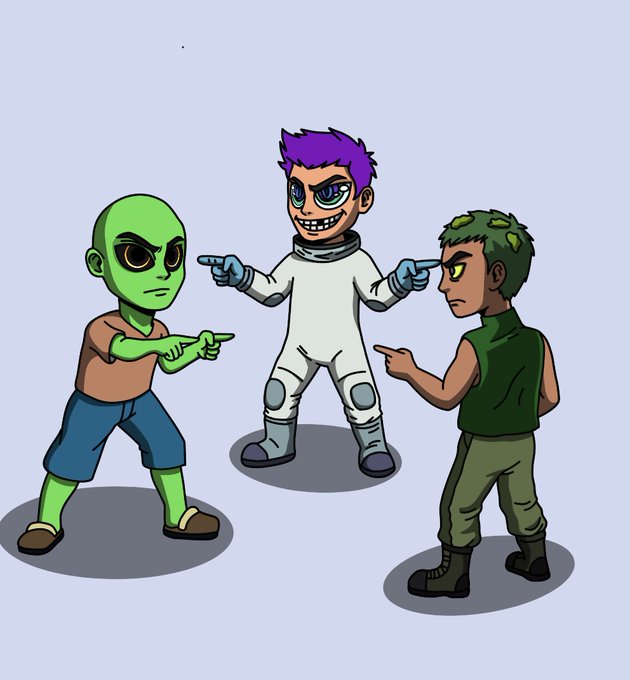 A cartoon NFT character with purple hair and a spacesuit confidently points at two green-skinned figures on either side, embodying the playful "Variant One face. Infinite variants" concept. The pointed fingers and standoffish poses visually represent the exclusivity and competitive edge promised in the "vrnt.fun" whitelist promotion.