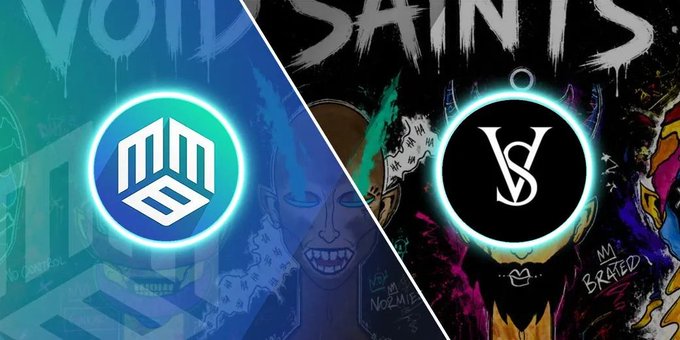 The image features a poster with two distinct sections representing different artists or bands. One section prominently displays the letters "MBM" and "VOID SAINTS", while the other showcases the artist "@VoidSaintsETH". The background of both sections is colorful, featuring elements such as the words "vocal cords" and "collaboration", hinting at a creative partnership between these two artists. In the text, there are mentions of emotions, identity, and hidden aspects of the mind, suggesting that this collaboration aims to explore various themes related to human experience. The image also contains the caption "@VoidSaintsETH" which further supports the idea that this is a collaboration between the artists featured on the poster.