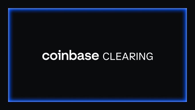 The image displays the Coinbase Clearing logo on a black background with a blue border, representing the clearinghouse component that completes Coinbase's full set of CFTC-regulated licenses alongside broker and exchange designations.