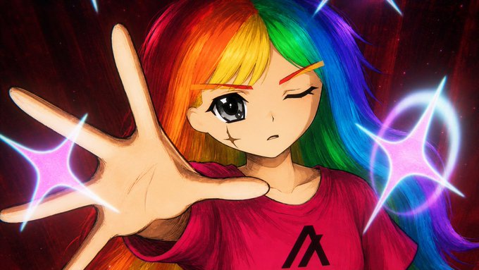 An anime-style drawing of a character with rainbow-colored hair, wearing a red shirt with a black symbol, extending a hand forward while glowing purple and blue energy effects emanate around them.