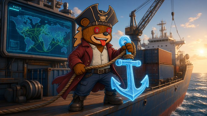 A cartoon bear dressed as a pirate captain with glowing red X eyes and a pirate hat holds a glowing blue anchor and rope on a ship deck, with a digital world map display in the background.