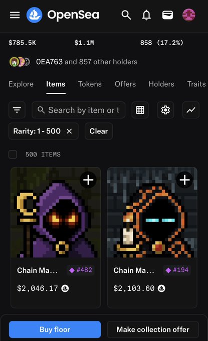A mobile screenshot of the OpenSea NFT marketplace showing a collection with $785.5K volume, $1.1M floor price, and items like 'Chain Ma...' priced at $2,046.17 and $2,103.60.