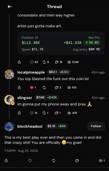A screenshot of a social media thread discussing cryptocurrency trading profits, showing a position value of $113.36K with a net profit/loss of +$41.63K, including comments from users 'localpineapple', 'slingoor', and 'blockheadsol'.
