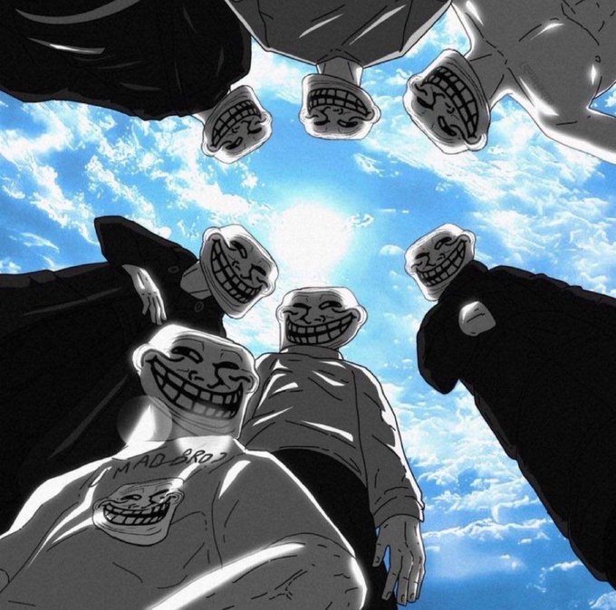 A surreal black-and-white illustration shows figures with troll-face heads looming over the viewer against a bright blue cloudy sky.