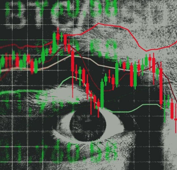 A striking black-and-white close-up of a watchful eye overlaid with red and green candlestick chart patterns and trending line graphs, set against a grainy background featuring the faint "BTCUSD" ticker. The intense, unblinking gaze paired with the volatile market data visually embodies "our grind" — capturing the relentless focus and perseverance required to navigate the turbulent ups and downs of Bitcoin trading.
