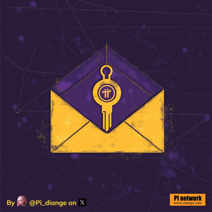 A purple and yellow graphic features an open envelope with the Pi Network logo on a pendant hanging inside, credited to "@Pi_diange on X" and "Pi network www.minepi.com."
