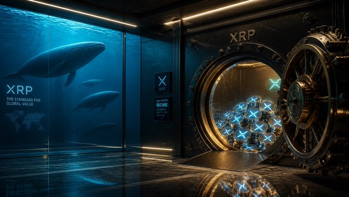 The image features a large, dark room with a gold door that has an XRP logo on it. The room also contains several whale images displayed on the walls. There are two whale images positioned above the door, one closer to the left side of the door and another near the center. Additionally, there is a third whale image located towards the right side of the door. The room appears to be an underwater-themed space with a focus on the XRP cryptocurrency.