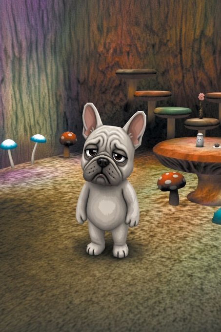 A 3D-rendered cartoon French Bulldog stands with a grumpy expression in a whimsical forest setting filled with colorful mushrooms.