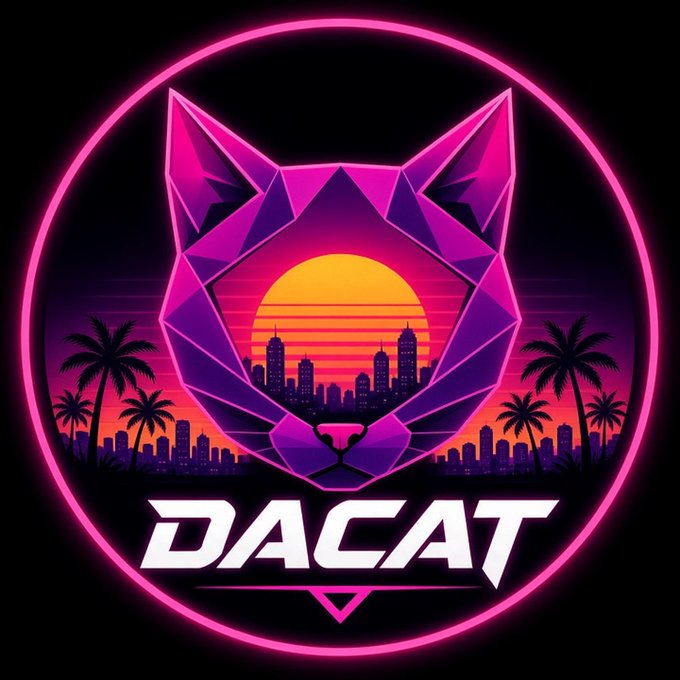 A neon-style logo featuring a geometric purple wolf or cat head over a retro sunset cityscape with palm trees, framed in a pink circular border with the text 'DACAT' below.