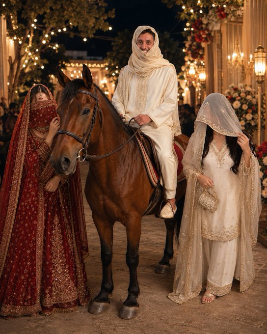 A traditional South Asian wedding scene featuring a groom in white traditional attire riding a brown horse, flanked by two women in red and white ornate dresses with veils, set in a decorated venue with string lights.