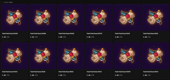 A grid of NFT listings on a marketplace showing 'Yield Field Deed' items with various IDs (#2029, #1388, #5052, #2179, #225, #252, #1372, #228, #553, #243, #204, #304), priced at either 2.90 or 3.00 ETH.
