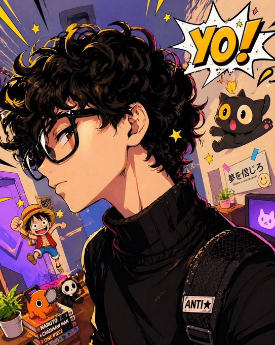 An anime-style illustration of a curly-haired character with glasses in a black turtleneck, surrounded by manga stickers including a 'YO!' speech bubble, a black cat, and a Luffy figure.