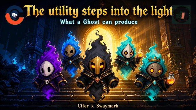 A promotional graphic titled 'The utility steps into the light' with the subtitle 'What a Ghost can produce' by 'Cifer x Swaymark,' featuring five hooded ghost-like figures in purple, blue, black, and teal robes standing on a grand staircase.