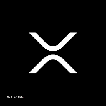 A minimalist black graphic featuring the white Ripple/XRP "X" logo with the text "MSG INTEL." in the lower-left corner, representing Ripple's RLUSD stablecoin which is backed by reserves custodied at BNY Mellon.
