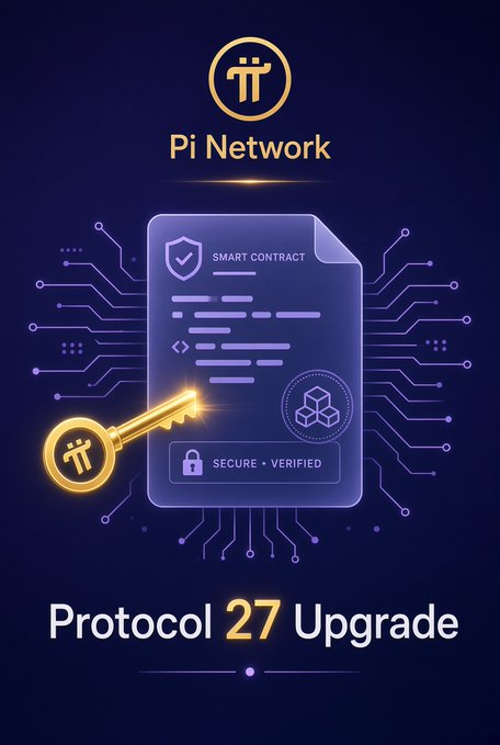 Promotional graphic for 'Pi Network Protocol 27 Upgrade' featuring a stylized document icon with 'SMART CONTRACT' and 'SECURE + VERIFIED' labels, alongside a golden key and the Pi Network logo on a dark blue circuit-patterned background.