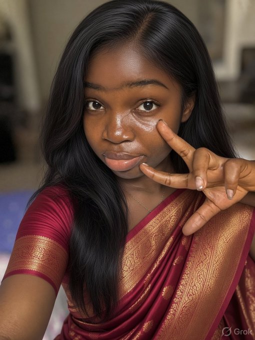 A young woman with long black hair wearing an elegant maroon and gold saree makes a peace sign near her face, with a watermark visible in the bottom right corner. The image accompanies a cheerful "GM Web3 Fam, Happy New Week" message, her stylish pose and warm expression embodying the welcoming, positive vibe of the greeting.