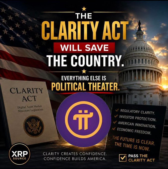 A promotional graphic for 'The Clarity Act' featuring the Pi Network logo, an American flag, and the US Capitol, with text claiming it 'will save the country' and listing benefits like regulatory clarity and investor protection.