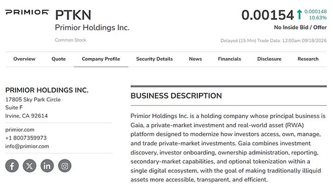 A stock profile page for Primior Holdings Inc. (ticker: PTKN) showing a price of 0.00154, up 10.63%, with a business description of their private-market investment platform Gaia.