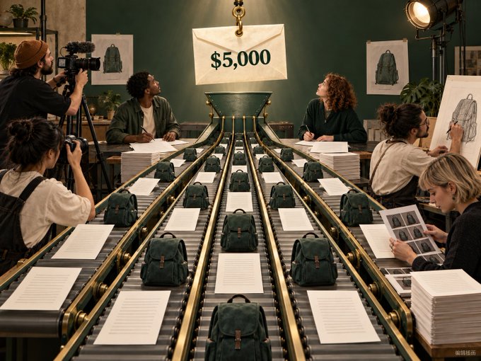 A studio scene where photographers and designers document backpacks moving along conveyor belts, with a large envelope displaying '$5,000' hanging above the production line.